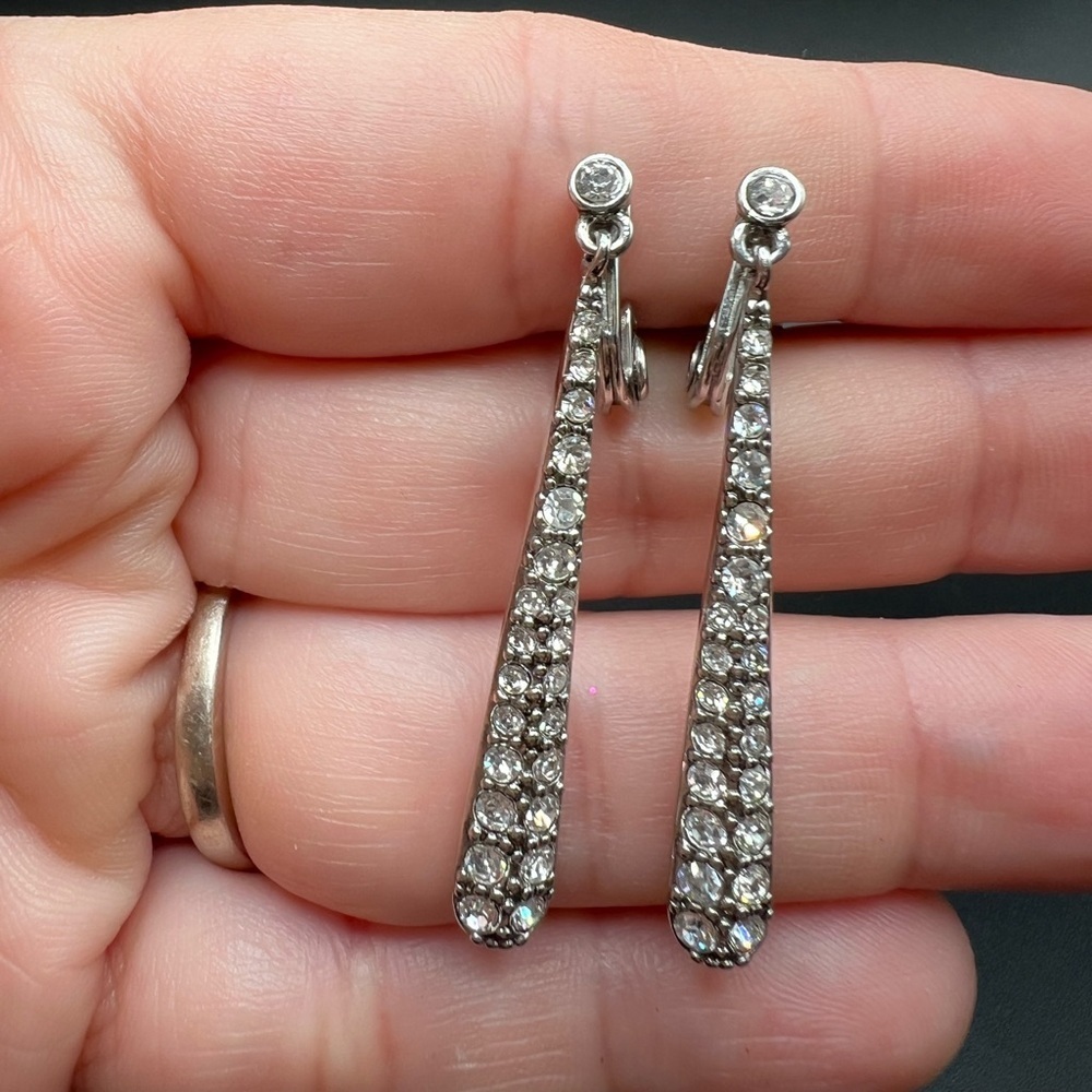 Silver tone Rhinestone Monet clip dangle earrings